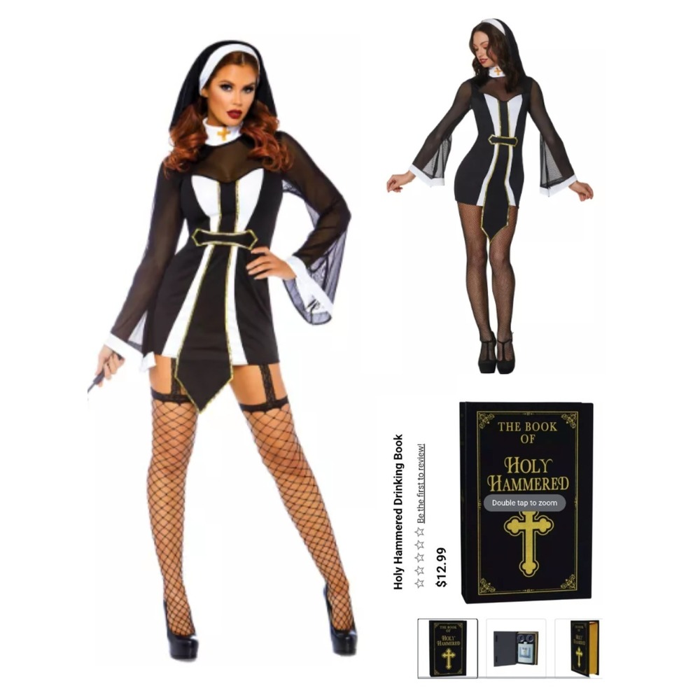 SPIRIT Halloween Sexy Nun Costume with Holy Flask Drinking Book Set XL Cosplay